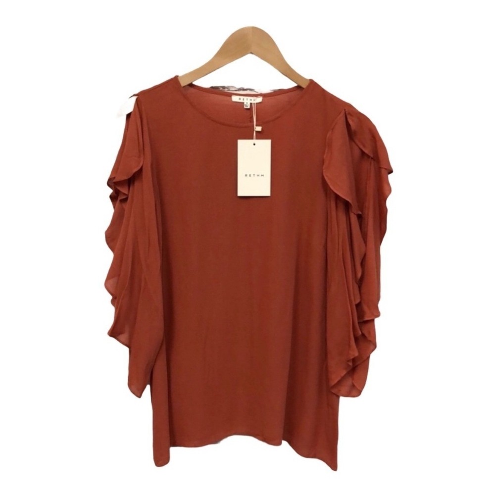 RETHM Rust Orange Cold Shoulder Ruffle‎ Sleeve Blouse Top women's size L NWT